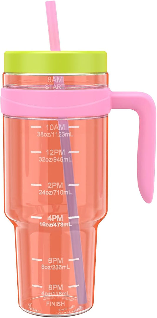 Tronco 50 oz Tritan Plastic Tumbler with Lid and Straw, BPA-Free Reusable Clear Water Bottle with Time Marker, 100% Leak Proof & Wide Mouth for Iced Coffee, Juice, Bubble Tea, Smoothies
