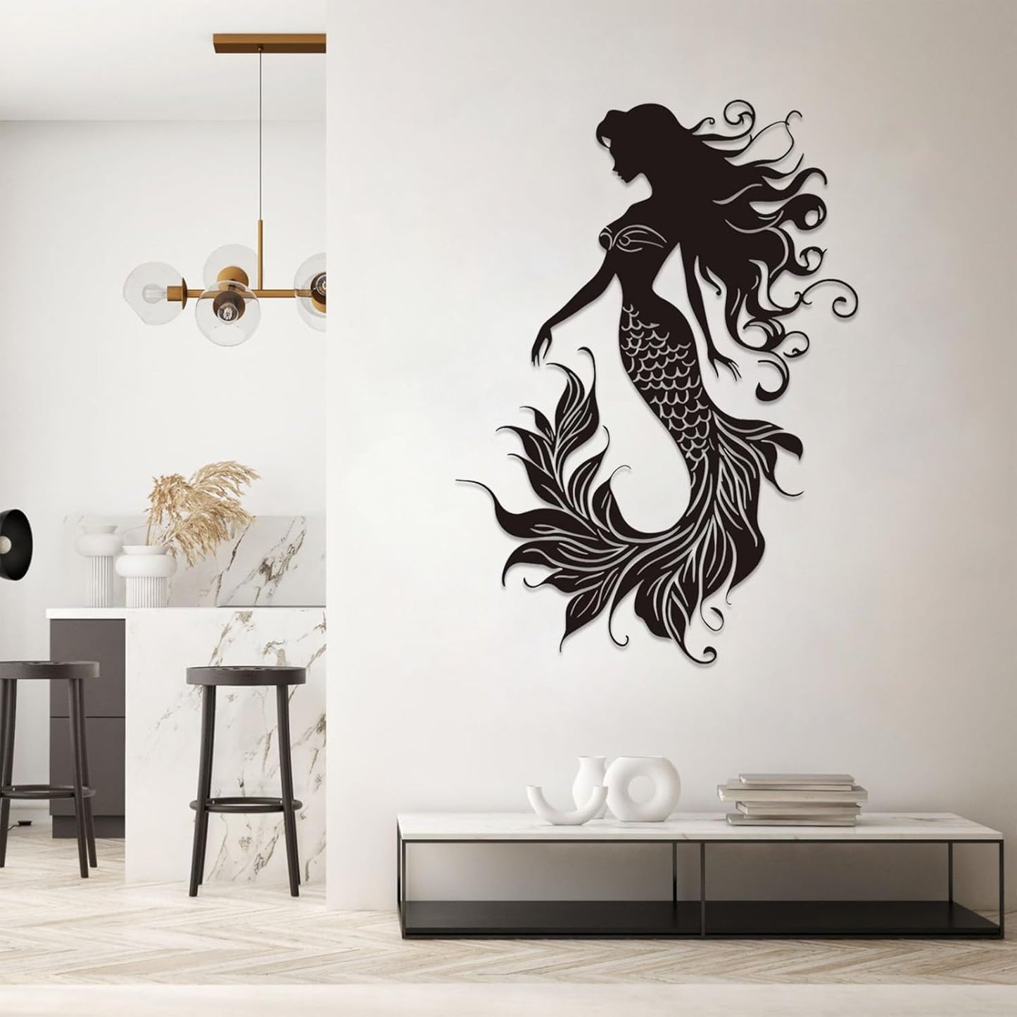 Veplsur Mermaid Metal Wall Art, Metal Mermaid Wall Decor, Marine Biology Wall Decor, Ocean Wall Art, Nautical Wall Hanging, Beach Hanging for Bathroom Bedroom (Gold, 24"x17"|60x43cm)