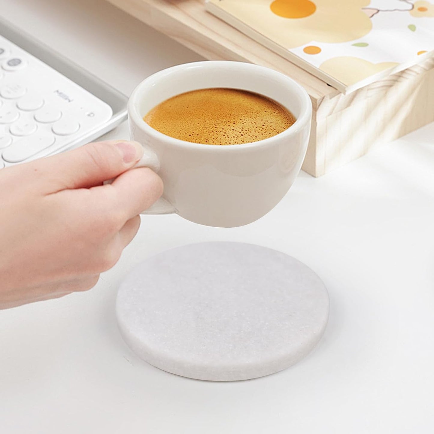 White Marble Coasters with Bling Particles, Set of 6 - Natural Marble Stone Drink Coaster with Protective Silicone Feet, 4 inch Diameter, 0.4 inch Thick - Heat-Resistant Coasters for Coffee Table
