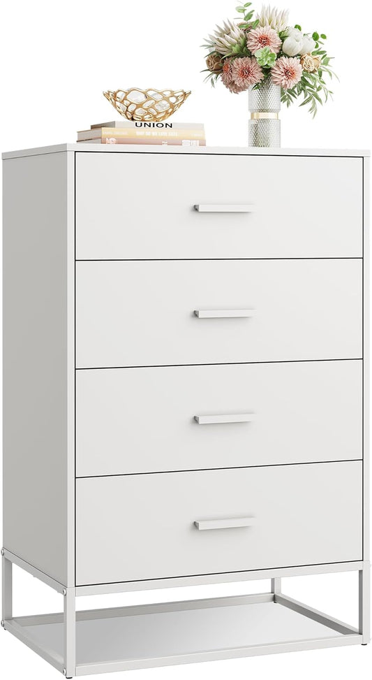 WLIVE White Wood Dresser for Bedroom with 4 Drawers, Tall Chest of Drawers with Sturdy Metal Frame for Living Room, Hallway, Closet