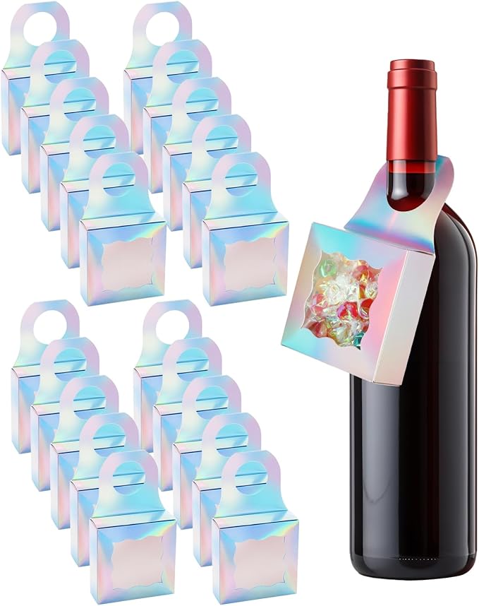 Megitzuu 20 PCS Wine Bottle Box with Clear Window, Hanging Wine Gift Box, Wine Bottle Tag Box for Gift, Wine Bottle Treat Box, Bottle Hanger Favor Box for Sweets, Cookies, Snack (Holographic Silver)
