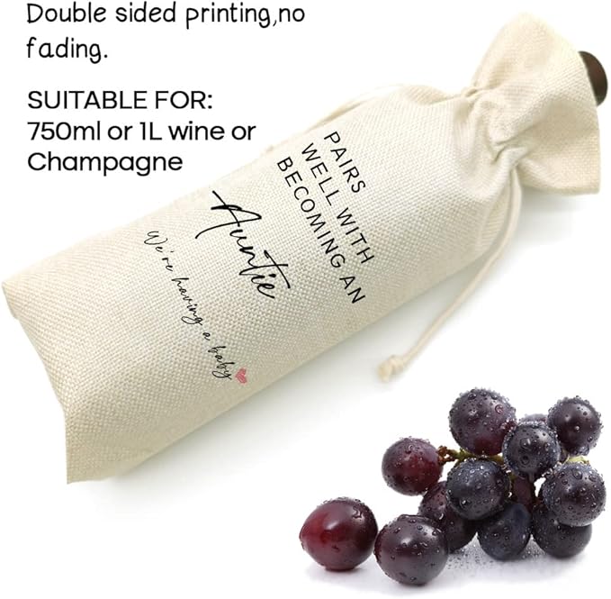 Pregnancy Announcement Wine Bag - Pairs Well With Becoming An Auntie, GENDER NEUTRAL Pregnancy Announcement Wine Bag, Baby Announcement to Auntie Wine Bag, Pregnancy Reveal(5SW19106)