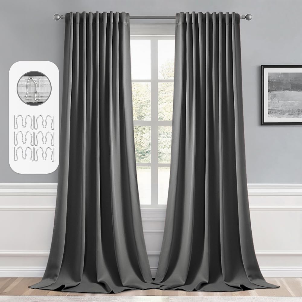 MIULEE Back Tab Grey Blackout Curtains 120 Inch Long 2 Panels Set for Living Room Bedroom Privacy, Rod Pocket/Pinch Pleated Extra Long Thermal Insulated Room Darkening Light Blocking Curtains/Drapes