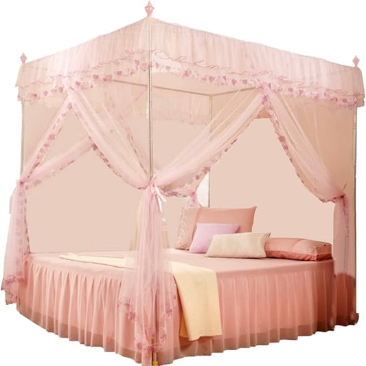 Luxury Princess 3 Side Openings Post Pink Bed Curtains,Four Corner Bedding Bed Canopy net for Bed Princess Bed Girls Room(No Bracket) (Pink)