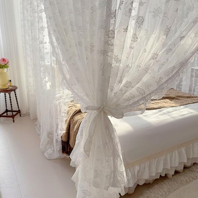 Elegant Princess 4 Corner Post Mosquito Net Romantic for Girls Women Bed Curtain Canopy for Adult Wedding Bedroom Kids Rooms Decoration (Type2-Beige-White, Queen)