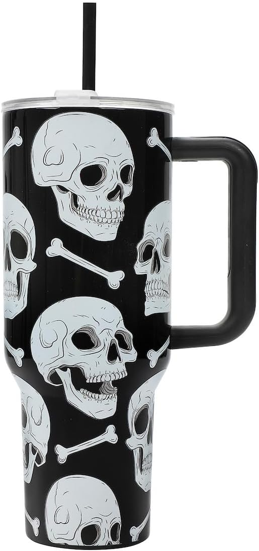 Bioworld Halloween Skulls & Bones 40 Oz Black Stainless Tumbler With Handle