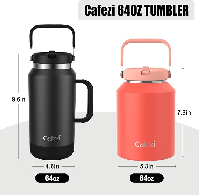 Insulated Water Bottle 64 oz, Stainless Steel Water Bottles with Flip Straw and Top Handle, Leak Proof, Iced for 34 Hours, Vacuum Insulated Water Bottle for Home, Office, Hiking, Car