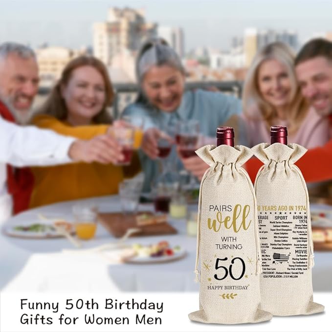 50th Birthday Gifts for Women Men, 50 Years Old Birthday Wine Bag Gifts, 50th Birthday Decorations, 1974 Birthday Gift, Happy 50th Birthday Party Wine Bag Gifts, Pairs Well With Turning 50