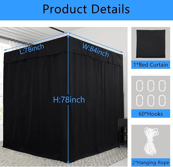 Black Canopy Bed Curtains - 4 Corner Post Bed Curtains Canopy King Bed Canopy Curtains for Adults Girls Bedroom Decoration(Black, King)