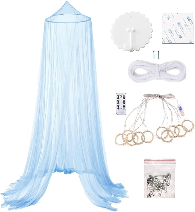 Eimilaly Bed Canopy Mosquito Net with 250pcs Warm White Curtain Lights, Bed Canopy for Girls Room Decor or Theme Party, Blue/Warm White Lights