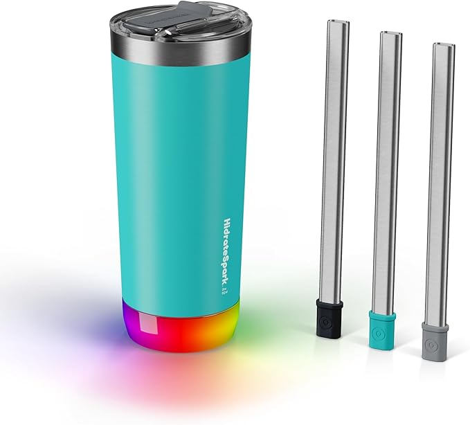 Hidrate Spark PRO Smart Tumbler Bundle – Insulated Stainless Steel – Tracks Water Intake with Bluetooth, LED Glow Reminder When You Need to Drink – 20oz, Sea Glass + 3 Straws
