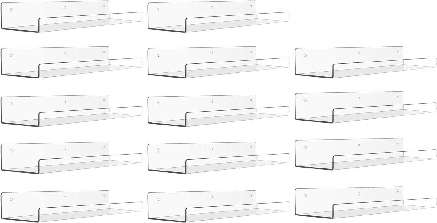 upsimples 14 Pack Acrylic Shelves Wall Organizer and Storage, 15" Display Shelf for Figure, Toy Cars, Perfume, Kids Bookshelf for Bedroom, Nursery, Craft Room, Clear