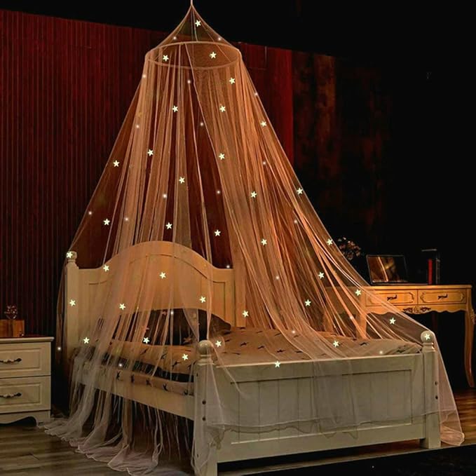 Bed Canopy Stars Romantic Bed Curtain Luminous Mosquito Net for Baby, Girl, for Twin or Single Bed (White)