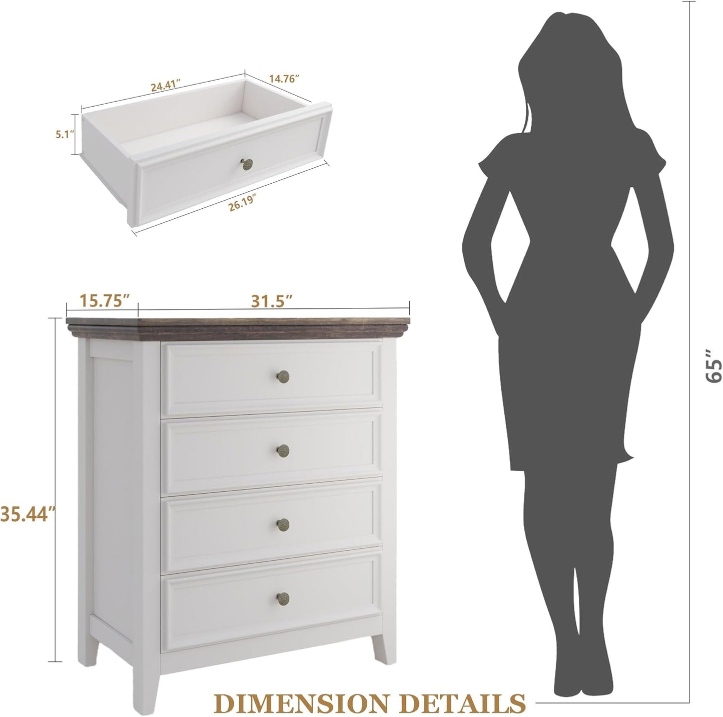 BLANKSPACE Dresser for Bedroom, 4 Drawer Dresser, Modern 4 Chest of Drawers, Farmhouse Storage Cabinet with 4 Drawers for Home Office, Dining Room, Antique White