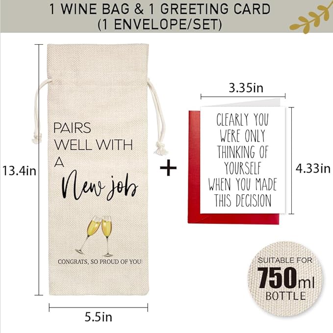 YAANUNULU New Job Gifts for Coworkers, Colleague Going Away Gifts for Women Men, Congrats on New Job, Promotion Gift, Pairs Well With a New Job Wine Bag, 1 Wine Bag With 1 Funny New Job Card