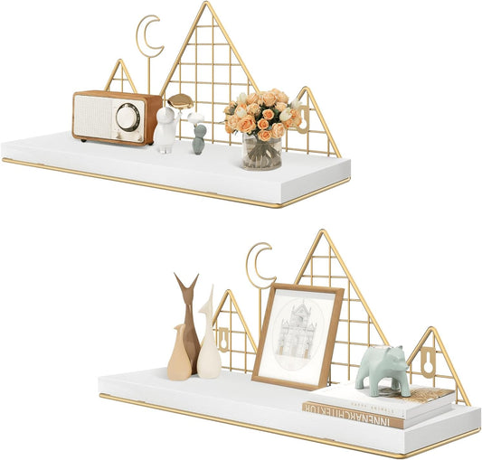 Homode Floating Shelves, Set of 2 Mountain Shelves Wall Decor, Metal and Wood Hanging Shelves Woodland Bookshelf for Nursery, Kids Room, Bathroom, Bedroom, White and Gold