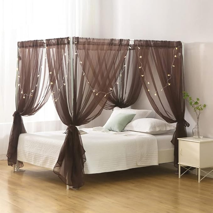 Bed Canopy for Queen Size Bed, Chiffon Princess Canopy for Girls Bed, Canopy Bed Drapes Adults(Coffee)