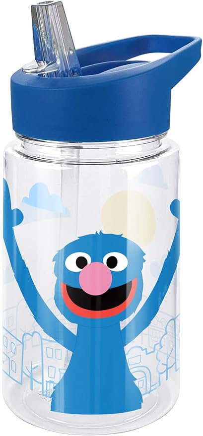 LOGOVISION Sesame Street Kids Tritan Plastic Water Bottle with Straw Lid and Handle, Reusable Tumbler for Toddlers, Unisex for Girls and Boys, 12oz, Big Grover