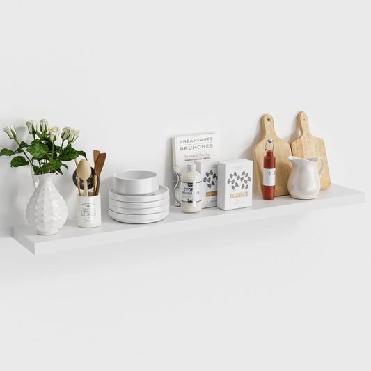 White Floating Wood Shelves for Wall 48 Inch, 8 in Deep Pine Shelf Floating Home Decor, Heavy Duty Shelf Hold 100 lbs, Wall Shelves for Bathroom Living Room Kitchen Bedroom Office Book, Set of 2