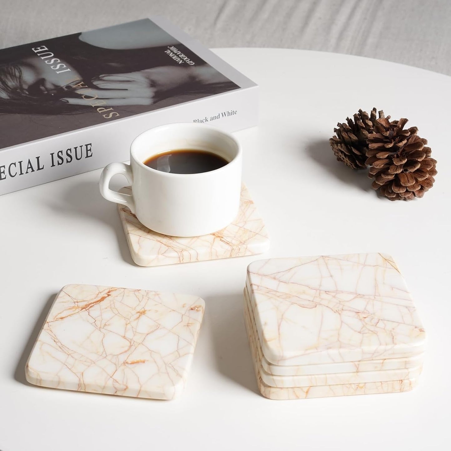 BCS Square Marble Coasters Set of 6 with Holder - Modern Stone Drink Coasters for Tables, Durable Cup Mats for Coffee, Wine, Beer - Elegant Home & Bar Decor Present