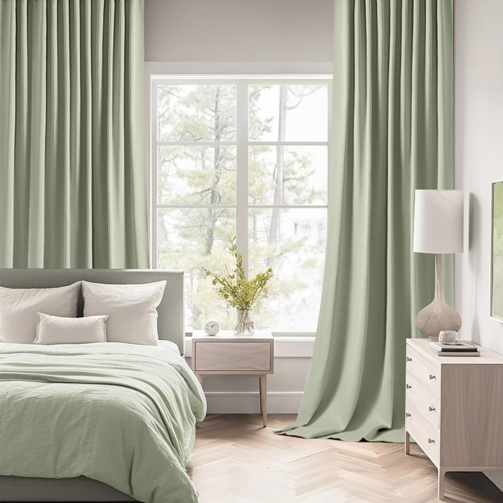 MIULEE Back Tab Sage Green Curtains 90 Inch Long 2 Panels Set for Living Room Bedroom Privacy, Rod Pocket/Pinch Pleated Light Blocking Thermal Insulated Room Darkening Blackout Curtains, 52 x 90 Inch
