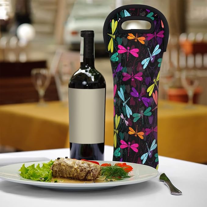 Dragonfly Ornaments Wine Gift Tote Carrier Black Purple Neoprene Wine Tote Bags Holder Cooler Wine Lover Gift