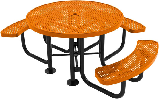 Heavy-Duty Portable Outdoor Picnic Table with Umbrella Hole, Punched Steel Patio Dining Furniture Made in America (46" Round Top, Orange)
