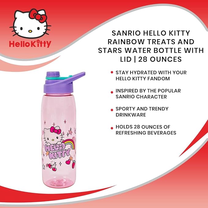 Hello Kitty Rainbow Treat And Stars Water Bottle W/Lid, Plastic