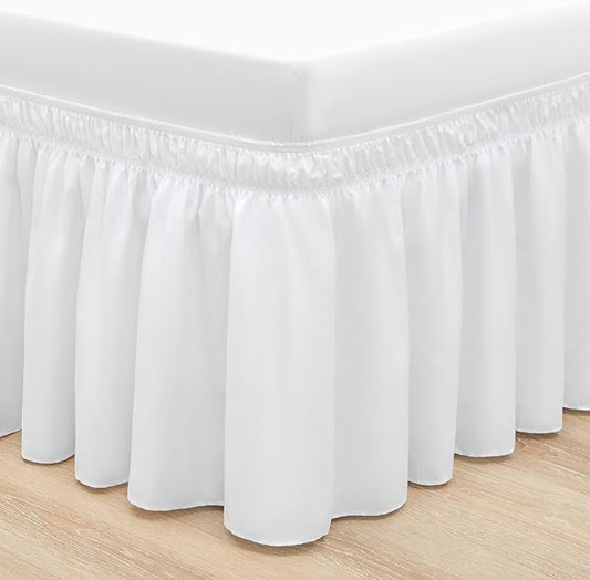 RIMELA Bed Skirting Queen Size White Bed Skirt 21 Inch Drop, Wrap Around Elastic Adjustable Bedskirt, Dust Ruffle for Bed Frame & Box Spring Soft Durable Fabric Machine Washable Easy to Install