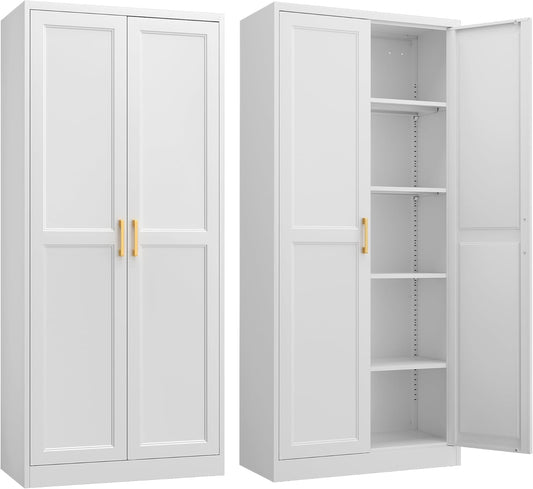 Kitchen Pantry Cabinet,71”White Metal Pantry Storage Cabinet with Doors and 4 Adjustable Shelves,Kitchen Cabinet with 2 Gold Handles,Tall Cabinet for Livingroom,Pantry, Bathroom,Kitchen