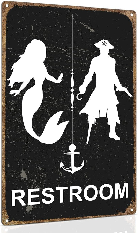 ALKB Nautical Themed Vintage Restroom Door Sign Fun Mermaid and Pirate Sign Suitable for Ocean, Beach, Ship Themed Wall Decor 8x12 Inch