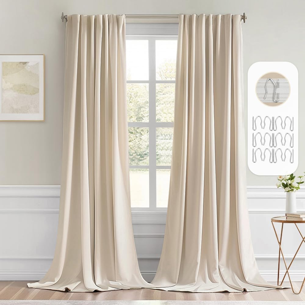 MIULEE Cream Beige Back Tab Light Blocking Curtains 100 Inch Length 2 Panels Set for Living Room Bedroom Privacy, Rod Pocket/Pinch Pleat Thermal Insulated Room Darkening Pleated Blackout Drapes