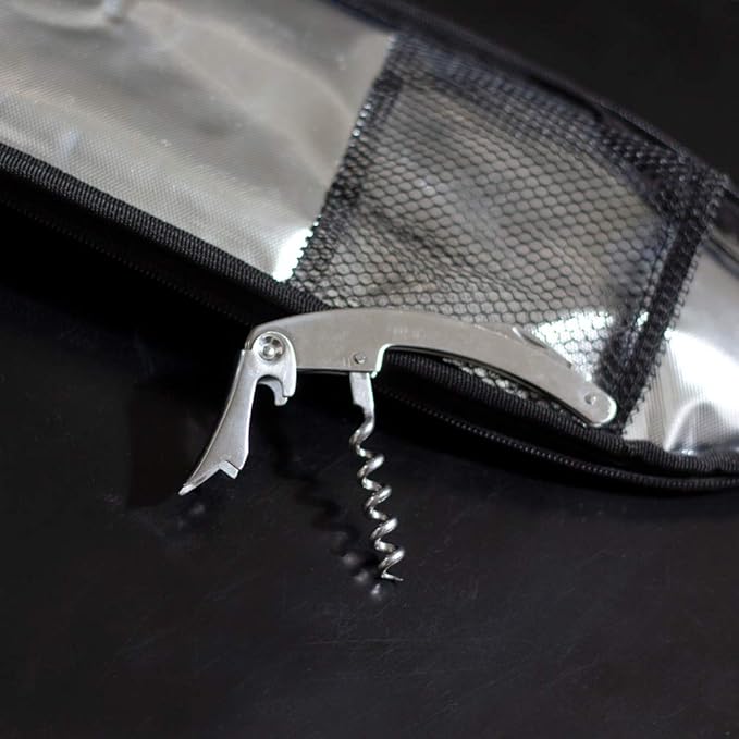 CaddyO Dual Travel Tote with 2 Wine Chillers, adjustable shoulder strap, 6 storage pockets, Sommelier Bottle Opener, 3 layers insulation. Zips apart - becomes two individual totes.