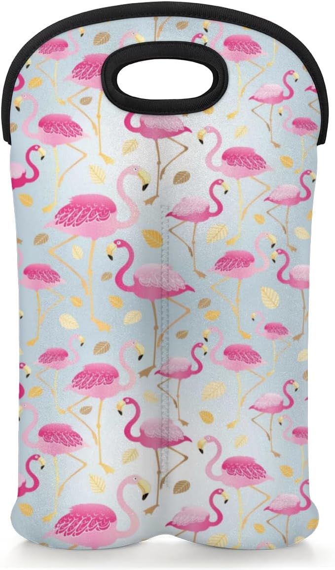 Pink Flamingo 2-Bottle Wine Gift Tote Carrier Gold Leaves Neoprene Wine Tote Bags Holder Cooler Wine Gift for Women Men