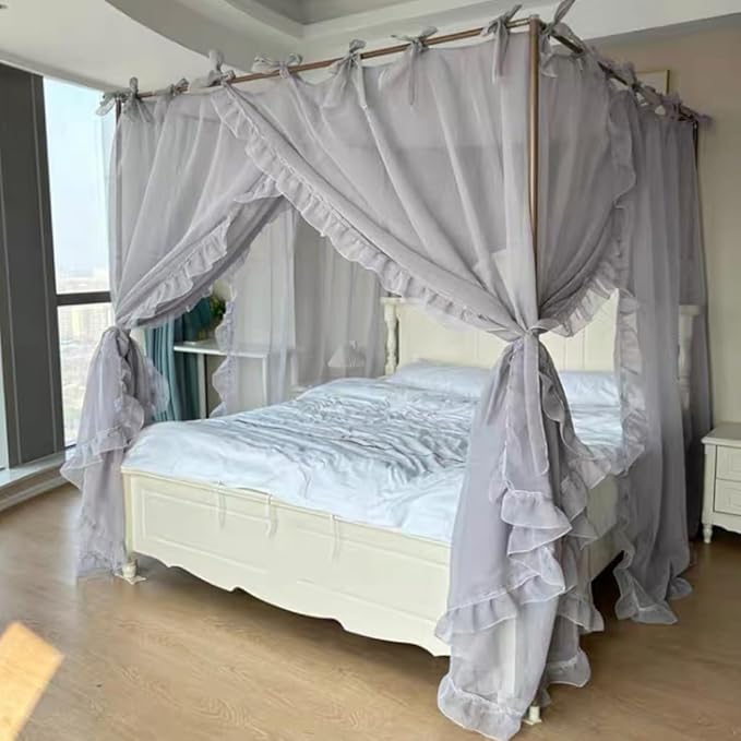 Elegant Princess 4 Corner Post Mosquito Net Romantic for Girls Women Bed Curtain Canopy for Adult Wedding Bedroom Kids Rooms Decoration (Type4-Grey, Full)