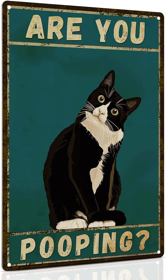 ALKB Bathroom Sign Tuxedo Cat Wall Decor Funny Metal Sign 8x12 Inch - Are You Pooping - Wall of Glory Decor Black Cat Sign