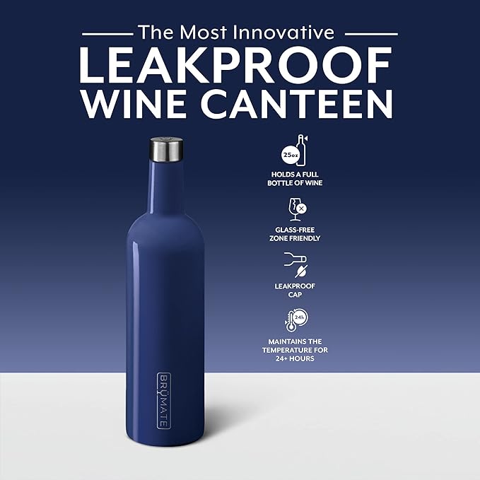 BrüMate Winesulator 25 Oz Triple-Walled Insulated Wine Canteen Made Of Stainless Steel, 24-hour Temperature Retention, Shatterproof, Comes With Matching Silicone Funnel (Navy Blue)