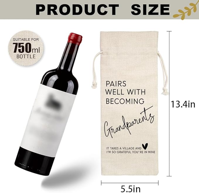 YAANUNULU Grandparents Gifts, Pregnancy Announcement Wine Bag, Pairs Well with Becoming Grandparents Wine Bag, Grandmother Grandfather Gifts, Party Decorations