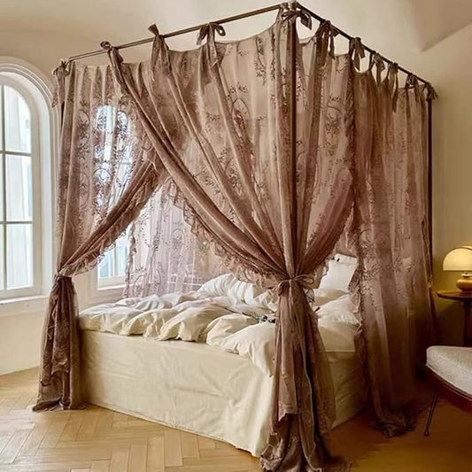 Elegant Lace Princess 4 Corner Post Mosquito Net Romantic for Girls Women Bed Curtain Canopy for Adult Wedding Bedroom Kids Rooms Decoration (Coffee, California King)