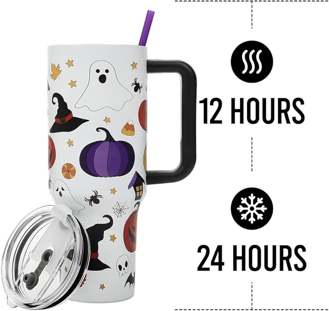 Bioworld Halloween Spooky Icons 40 Oz White Stainless Steel Tumbler With Handle