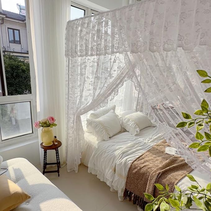 Elegant Princess 4 Corner Post Mosquito Net Romantic for Girls Women Bed Curtain Canopy for Adult Wedding Bedroom Kids Rooms Decoration (Type2-Beige-White, California King)