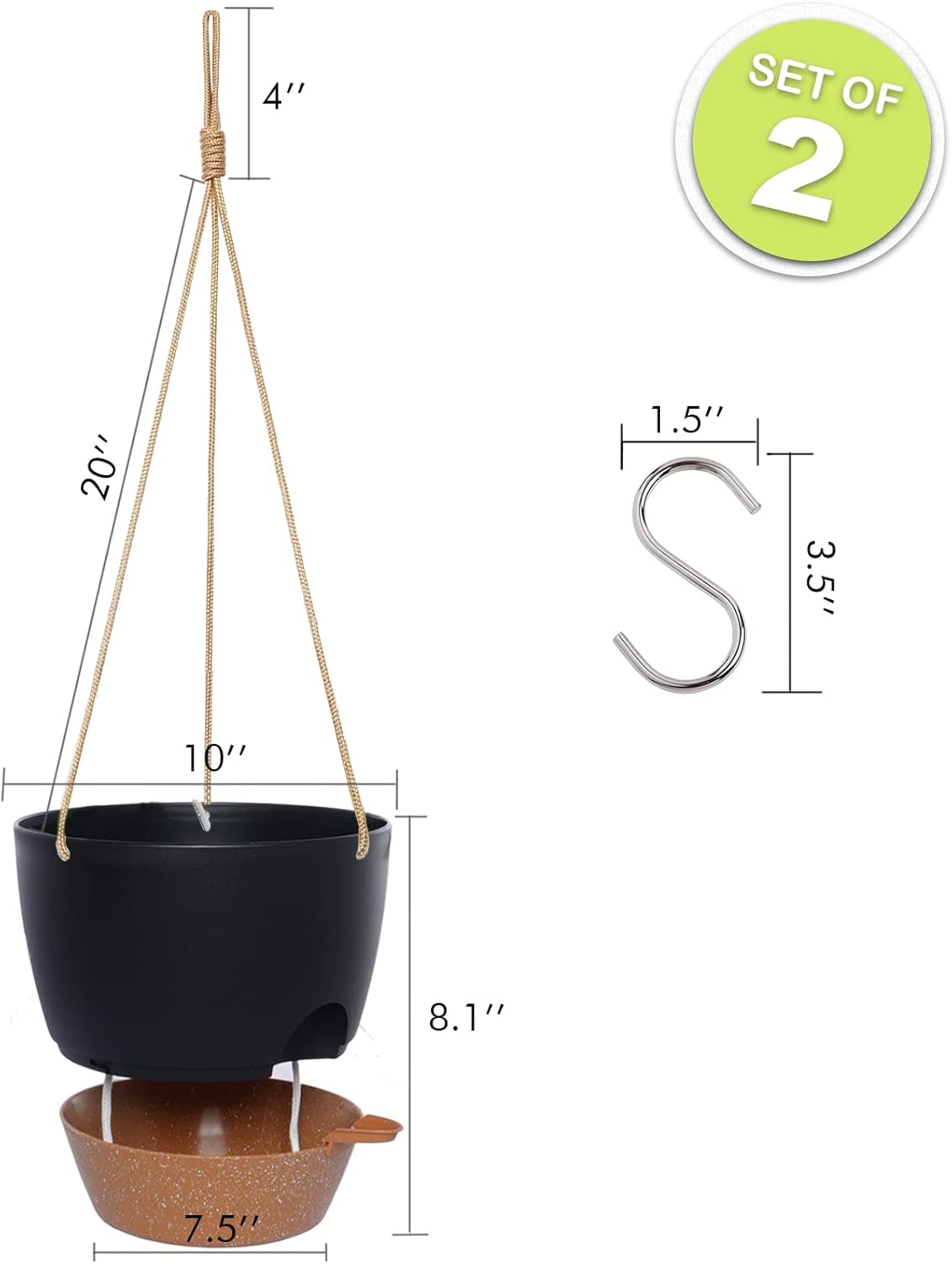 10 Inch Self Watering Hanging Pots, 2 Pack Hanging Planters with 40oZ Deep Reservior for Indoor Outdoor Plants Flowers, Black with Brown