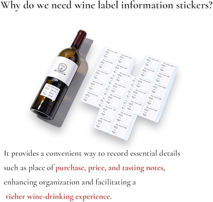 Wine Bottle Information Name Tag Stickers for Bottle Detailing (60pcs) - Place of Purchase, Price, Tasting Notes - Ideal for Tasting Events, Cellars, and Gifting