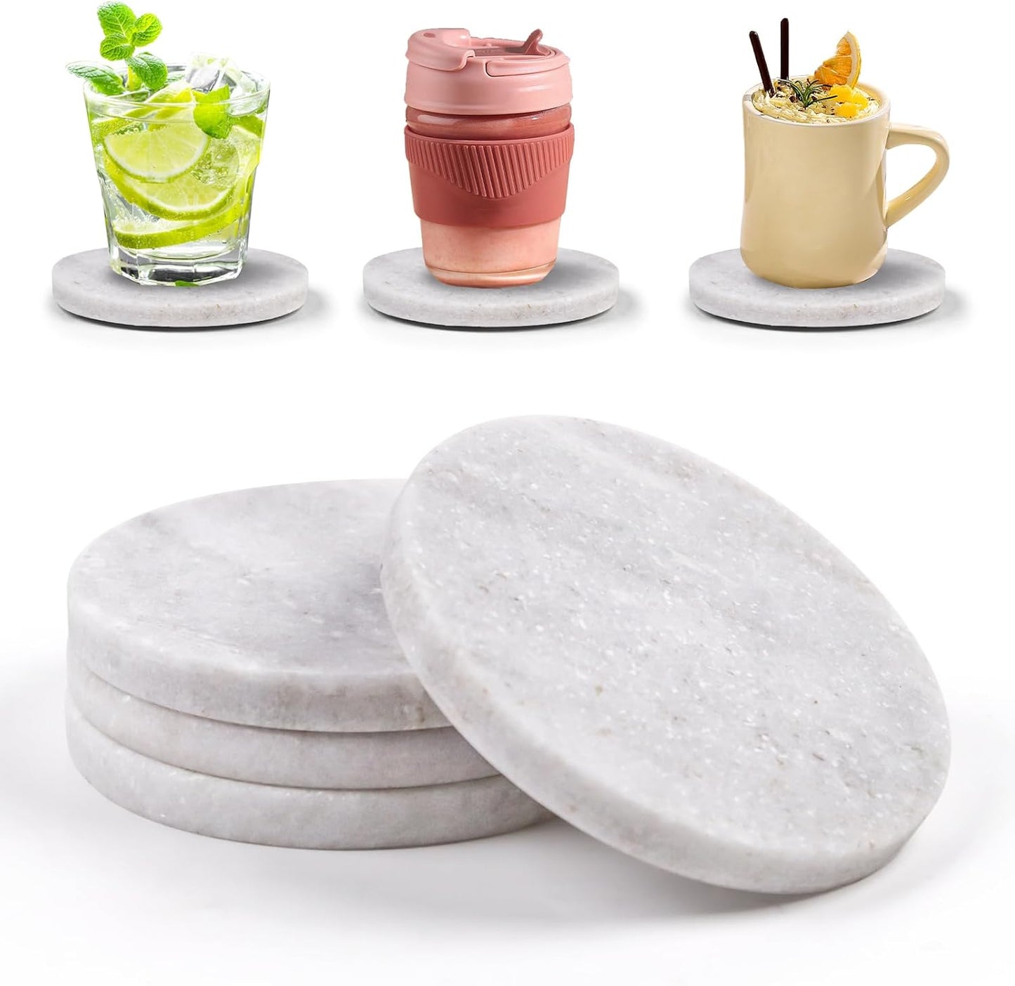 Light Gray Marble Coasters with Bling Particles Set of 4 - Natural Marble Stone Drink Coaster with Protective Silicone Feet, 4 inch Diameter, 0.4 inch Thick - Heat-Resistant Coasters for Coffee Table