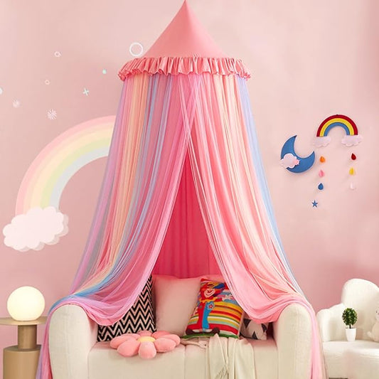 Kertnic Rainbow Bed Canopy for Girls Dreamy Mosquito Net for Bed Round Dome Princess Bed Canopy Girl Room Play Tent Kids Canopy Bed Netting Curtains (Nordic Pink Rainbow)