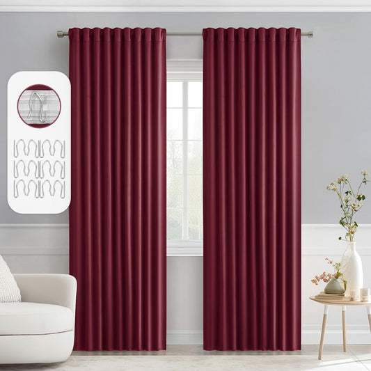 MIULEE Wine Red Back Tab Blackout Curtains 90 Inches Long 2 Panels Set for Living Room Bedroom Privacy, Rod Pocket/Pinch Pleat Thermal Insulated Room Darkening Pleated Light Blocking Drapes