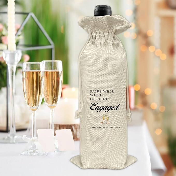 HOIJAUMAI Engagement Gift for New Couples, Engagement Wine Bag Wedding Gift for Mr and Mrs, Pairs Well with Getting Engaged Burlap Drawstring Wine Bag Champagne Wine Gift Bag