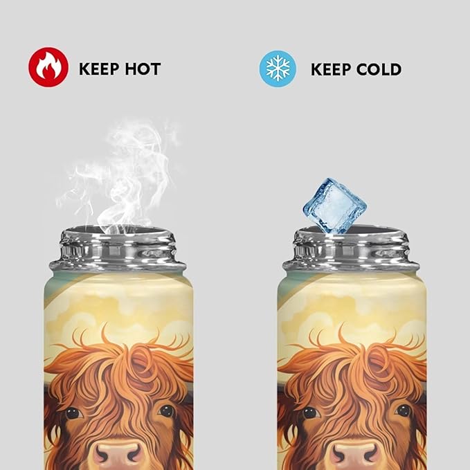 Highland Cattle Sunflower Sports Water Bottle 18 oz Insulated Water Bottle Leak Proof Stainless Steel Gym Bottle Sports Water Cup for Women Thermal Water Bottle