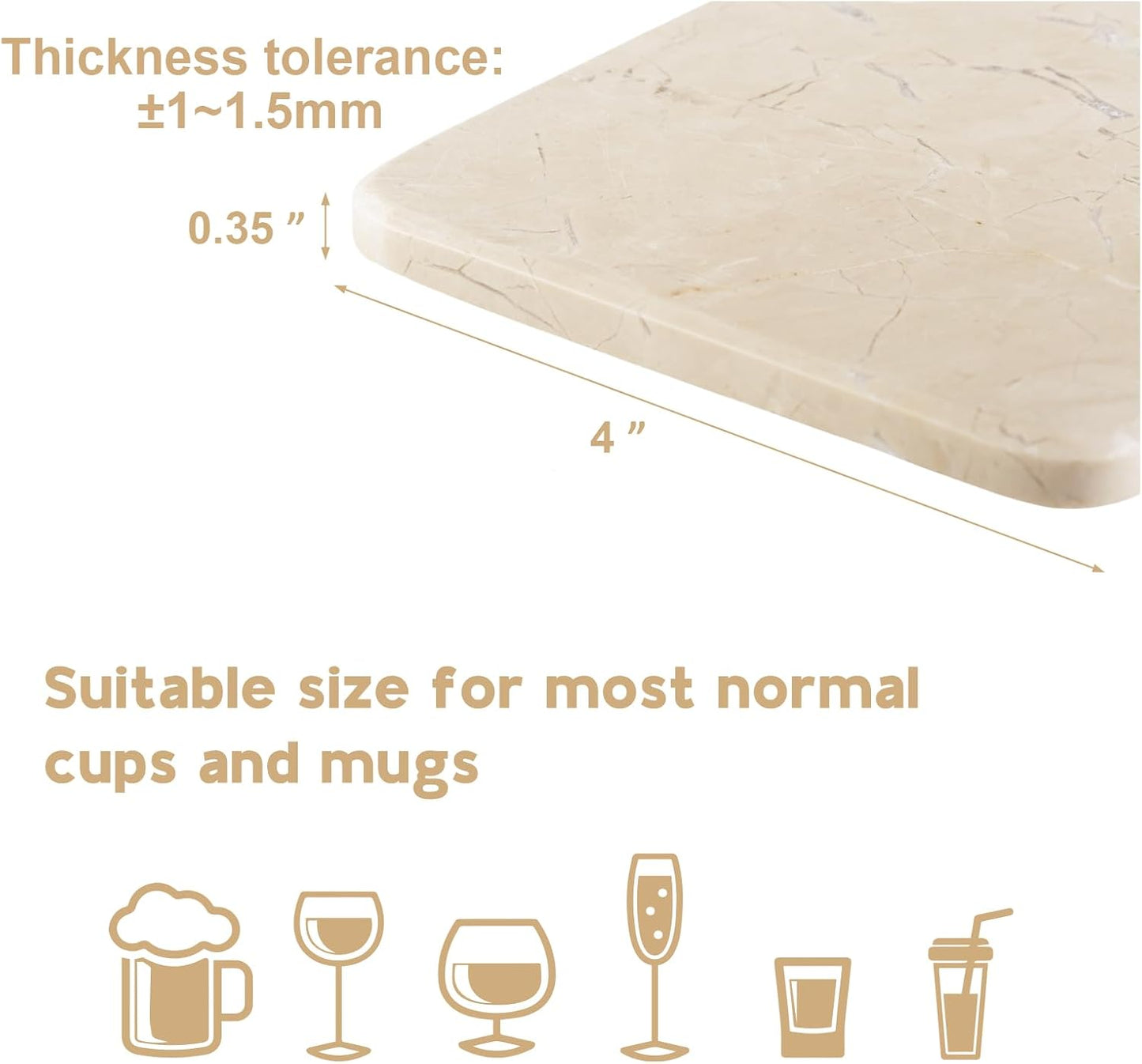 BCS Marble Coasters Set of 6 with Holder, Square Stone Drink Coasters for Coffee, Wine and Cocktails, Non-Slip Durable Cup Mats, Elegant Home, Bar & Kitchen Table Decor (Crema Beige)