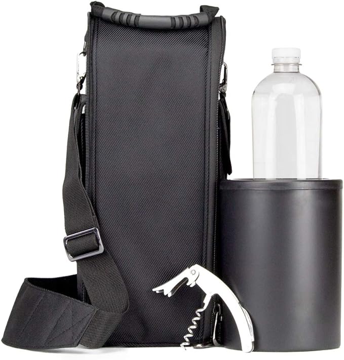 CaddyO Dual Travel Tote with 2 Wine Chillers, adjustable shoulder strap, 6 storage pockets, Sommelier Bottle Opener, 3 layers insulation. Zips apart - becomes two individual totes.